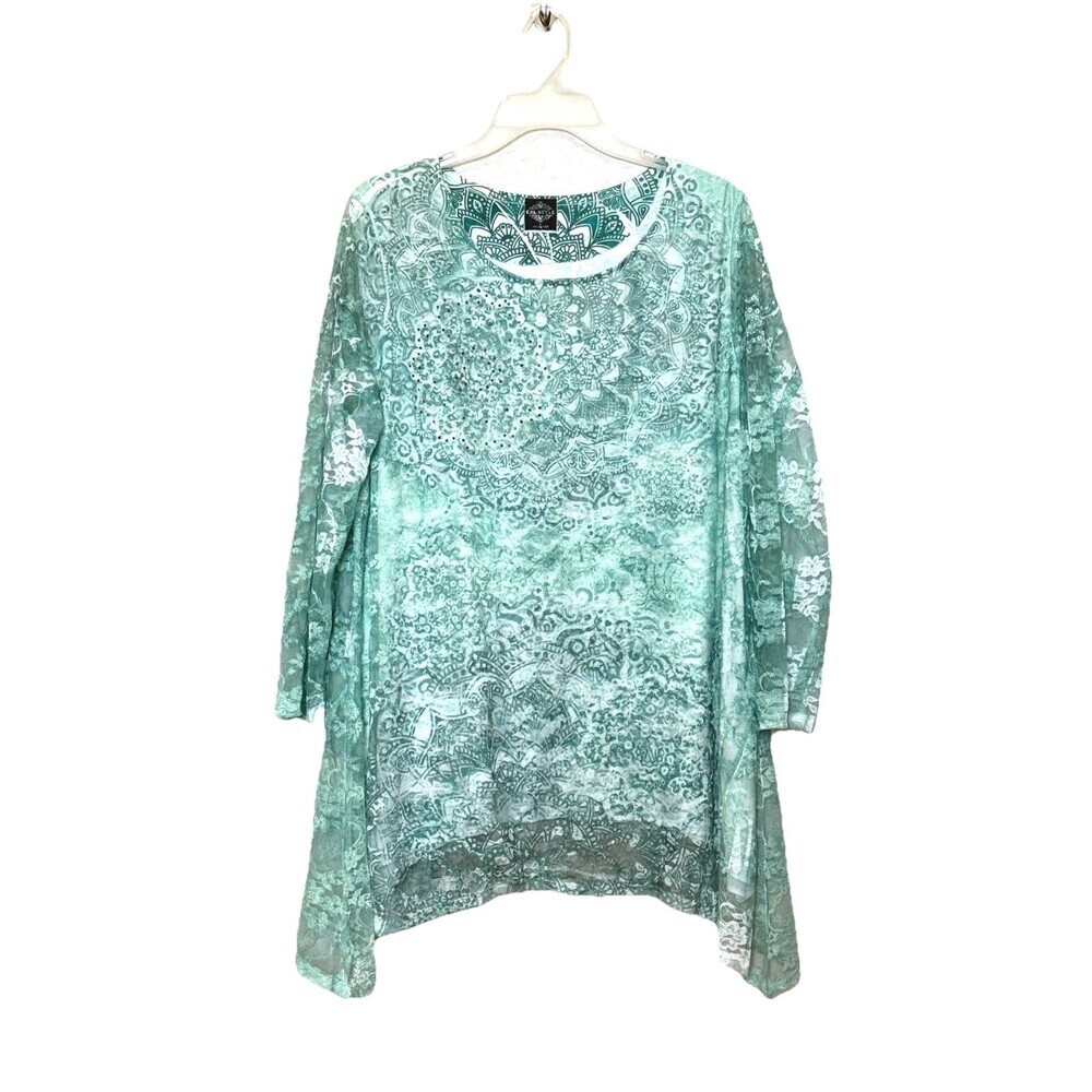 Y2K Calstyle Top Tunic Lace Floral GreenCami Lined  Boho Whimsical Sz USA